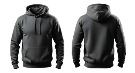 Front and back view of black hoodie isolated on transparent background for mockup