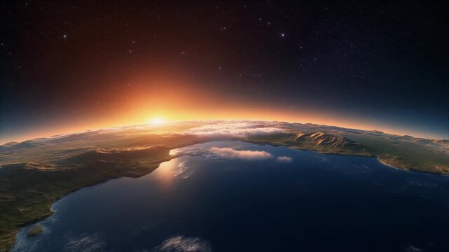 Cinematic close-up of a 3D Flat Earth model, camera gliding over mountains, oceans