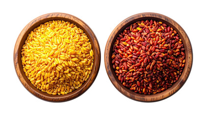 Two bowls, one with golden and other with reddish-brown grains