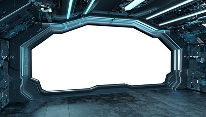 Dark spaceship interior with glowing blue lights. Futuristic black starship with isolated cut out transparent window. 3D rendering