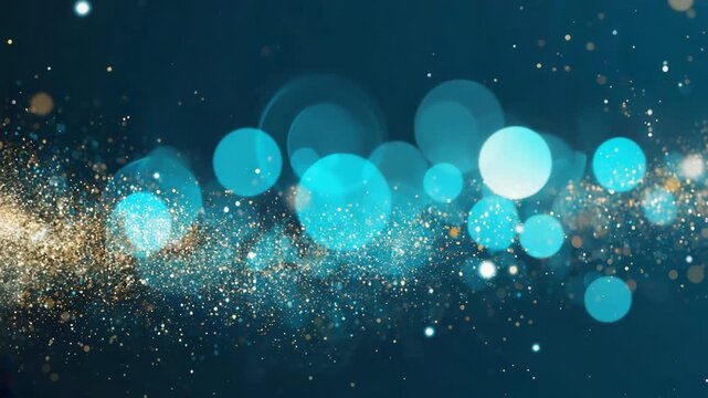 Sparkling Gold Dust and Teal Bokeh Lights Flowing on Deep Teal Background Keywords: bokeh, particles, glowing, light, abstract