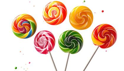 Six colorful spiral lollipops against a dark, blurred backdrop