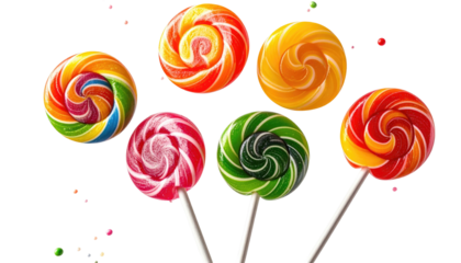 Six colorful spiral lollipops against a dark, blurred backdrop