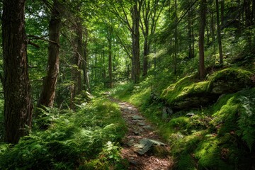 Fototapeta premium Sun-Dappled Woodland Path Winding Through Lush Green Forest with Ferns and Moss.