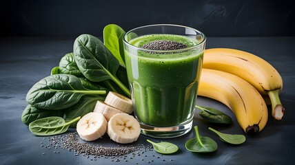 Healthy green smoothie with bananas spinach and chia seeds on a dark background