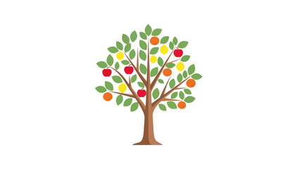 A cartoon illustration of a fruit tree with apples oranges and lemons