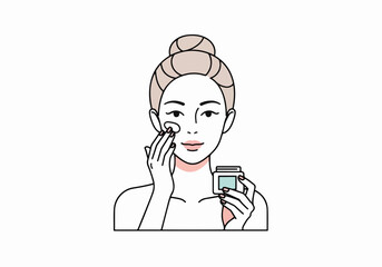 A woman applying face cream in a minimalist line art style. Skincare routine and beauty treatment concept. Graphic for cosmetics and dermatology