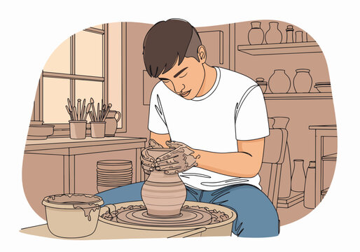 Man making a clay pot on a potter's wheel. Creative hobby and craft workshop concept. Artisan at work flat line art graphic