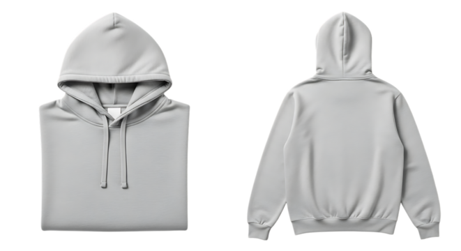 Front and back view of a gray hoodie isolated on transparent background for mockup