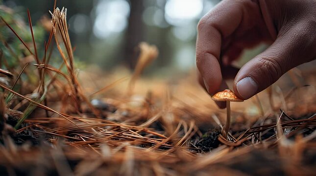 Close-up of a person's hand carefully picking a tiny wild mushroom from the forest floor covered in pine needles