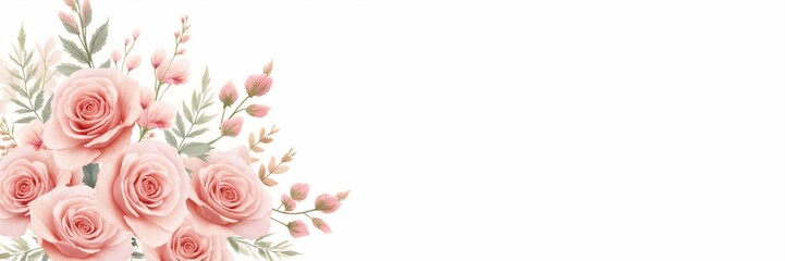 Fototapeta premium Watercolor floral corner with soft pink roses. Elegant botanical illustration for a wedding invitation banner or greeting card with copy space.