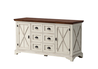 Rustic buffet with drawers and cabinet doors, dark top