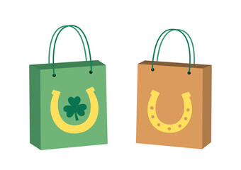 St. Patrick’s Day Gift Bag flat vector Illustration Set.
Lucky Shamrock and Horseshoe Paper Bag Clipart.
White background.