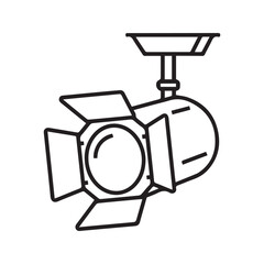 Stage light vector icon. Simple line drawing of a theater spotlight with barn doors. Cinema, show, and entertainment symbol isolated on a white background.
