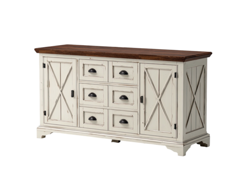 Rustic buffet with drawers and cabinet doors, dark top