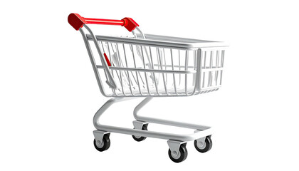 Empty shopping cart with red handle, tilted