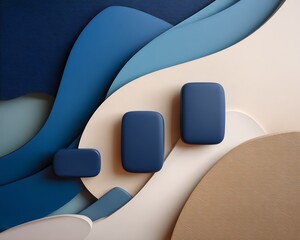 Flatlay of navy wireless devices and cables on layered paper cut shapes