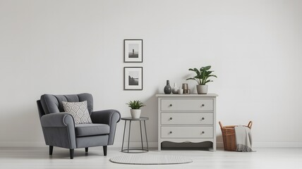 Cozy grey wingback armchair with decorative pillows and vintage dresser in minimalist room