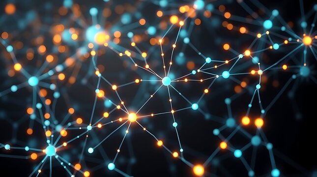 An ultra-realistic, high-fidelity scientific visualization of data flow through a neural network, using glowing interconnected nodes and pathways on a dark background