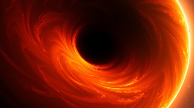 An ultra-realistic, scientific visualization of a black hole, showcasing a swirling accretion disk in fiery oranges and deep blacks, depicted with dramatic lighting and a sense of vast cosmic scale