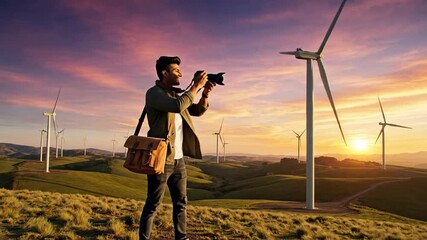 Young male photographer in scenic landscape, renewable energy concept with wind turbines at sunset, peaceful and sustainable environment vibe