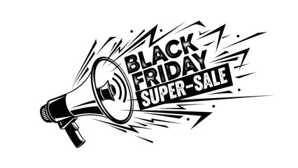 Black Friday Super Sale announcement with megaphone, bold graphic design for promotions, marketing, and advertising