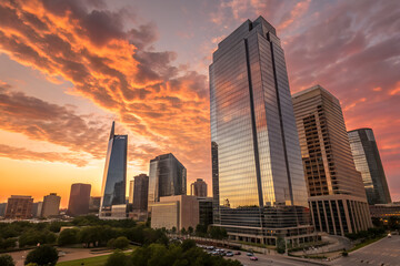 Corporate skyscrapers reflecting warm sunset colors, representing business success, economic growth, modern architecture, urban development, investment potential, and corporate strength.