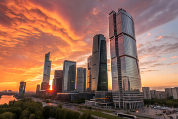 Tall modern skyscrapers glowing in dramatic sunset light, symbolizing business growth, urban development, corporate success, finance, investment, and the power of contemporary architecture.