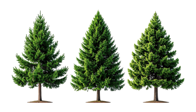 Three green conifers with brown trunks on dark background