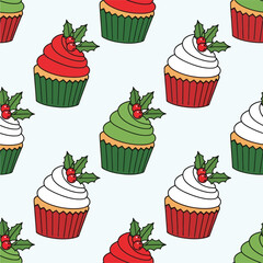 Christmas cupcakes with red green frosting and holly berries seamless pattern 3
