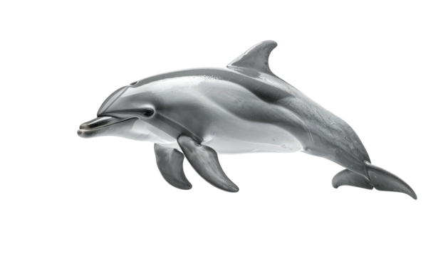 Sleek dolphin with a smooth, grey body swimming right