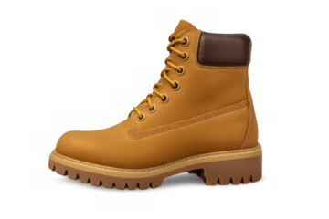 Yellow leather lace-up boot isolated on transparent background, featuring a strong sole and brown padded collar