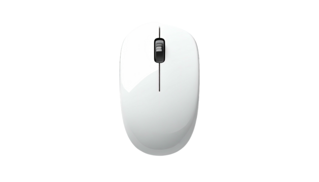 White computer mouse centered on a black background, top view