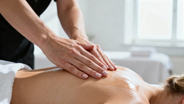 Relaxing massage therapy session at a wellness spa with natural light streaming in