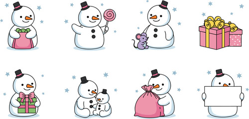Cute Cartoon Snowman Character Icons Set Holding Gifts, Lollipop, and Blank Sign, Representing Winter Holiday, Christmas, and New Year Celebration Vector.