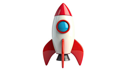 Cartoonish rocket ship, red and white, on solid black background