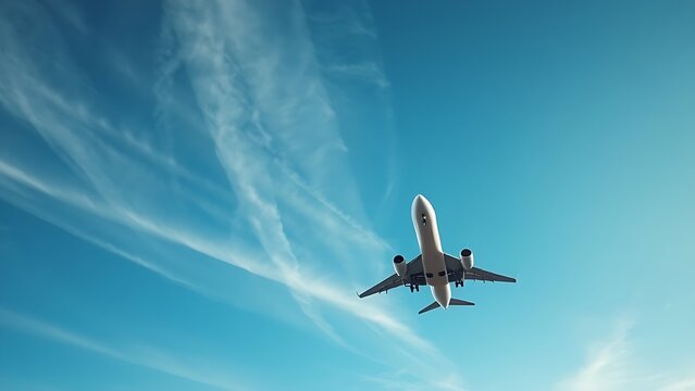 contrail. Commercial airliner ascending into blue sky, leaving white contrails in a powerful upward motion. mobility guides, transit brochures, designed for mobility and urban transit guides.