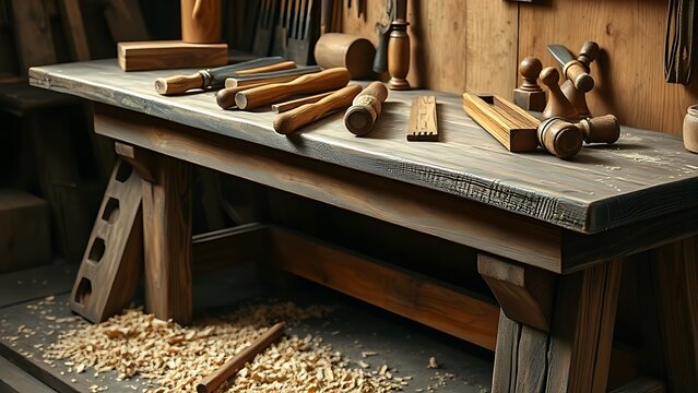 thyristor. Aged wooden workbench with neatly arranged traditional carpentry tools and wood shavings. safety posters. - Powered by Adobe