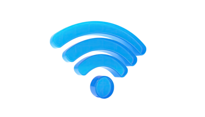 A 3D rendering of a shiny, curved blue Wi-Fi signal icon