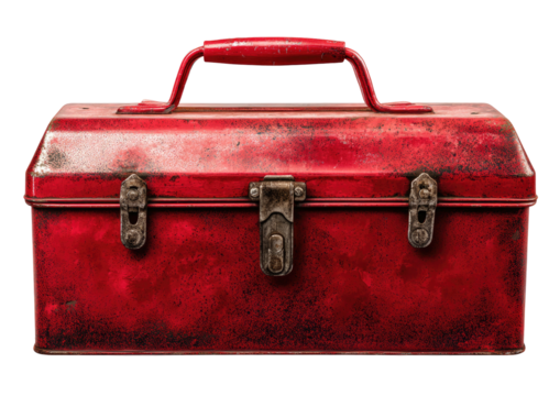 Worn red metal toolbox with latch and handle, grungy look