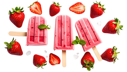 Strawberry popsicles with fresh fruit on a black background