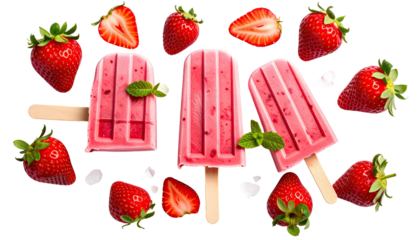 Strawberry popsicles with fresh fruit on a black background
