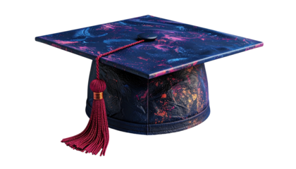 Graduation cap with nebula-like pattern against black background