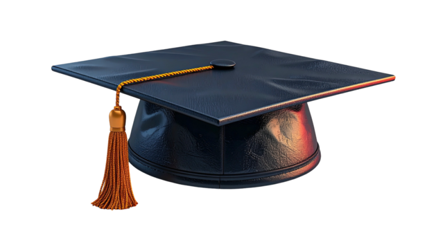 Black mortarboard cap with gold tassel on a pure black backdrop