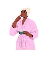 Black girl in bathrobe and with towel after bathing is thinking or dreaming. Happy pensive woman is pondering. Thoughtful person holds cup of coffee. Flat isolated vector illustration on white