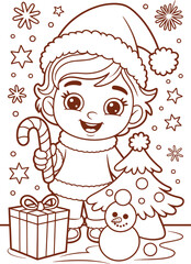 Charming christmas coloring page for kids featuring a happy child in santa hat holding candy cane by decorated tree and gifts