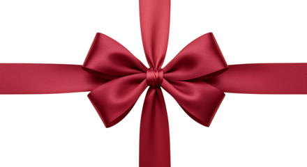 A vibrant red satin ribbon bow with flowing ends on transparent background.