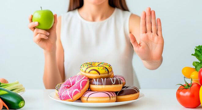 A woman holds a green apple in one hand and gestures a stop sign with the other, refusing a pile of colorful donuts in favor of healthy food. - Powered by Adobe