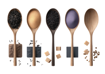 Five spoons hold loose tea, powder on blocks