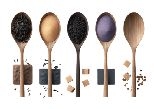Five spoons hold loose tea, powder on blocks